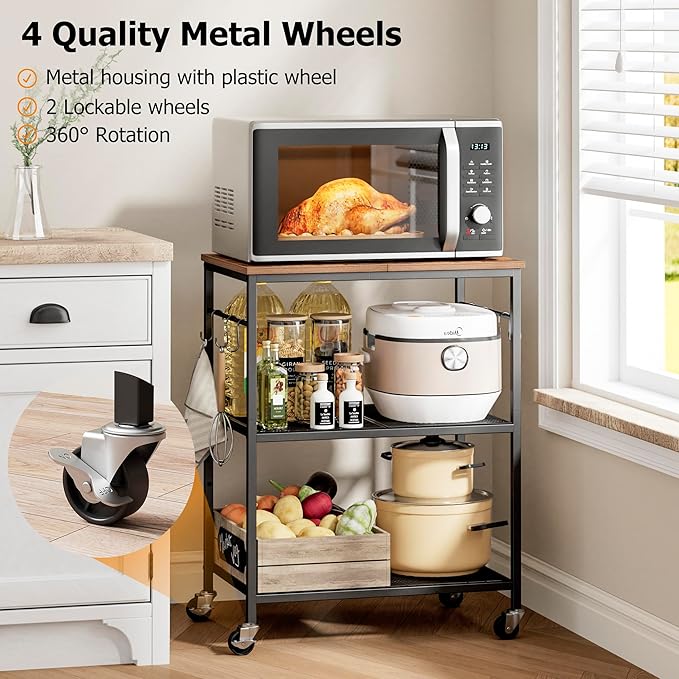 Homleke 3-Tier Rolling Kitchen Microwave Cart, Kitchen Utility Cart on Lockable Wheels, Coffee Bar Table Station with 6 S-Shaped Hooks, Small Appliance Storage Shelf, Rustic Brown and Black