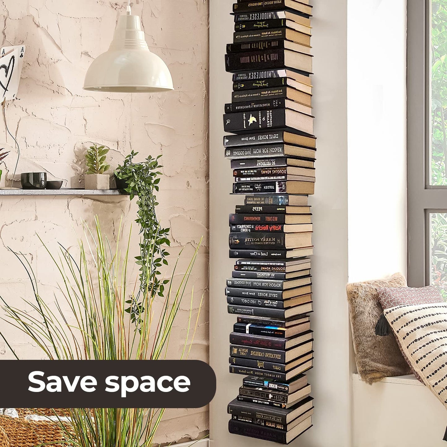ART-GIFTREE Floating Book Shelves for Wall, 4 Tier Invisible Floating Bookshelf, Vertical Spine Book Tower, Wall Mounted & Space Saving, Heavy Duty Metal Book Organizer for Home Office, 2 Pack White