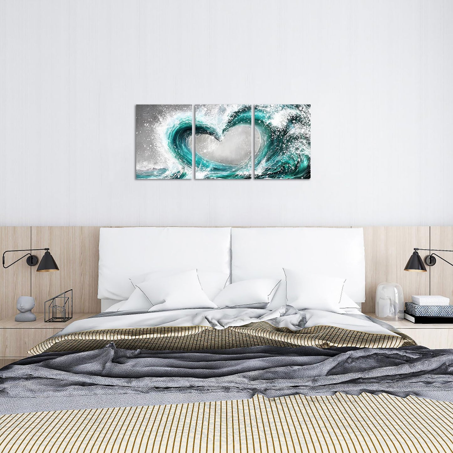 HOMEOART Bedroom Wall Art Ocean Wave Painting Love Sign Wall Decor Framed Artwork Bathroom Bedroom Living Room Decor (Turquoise)