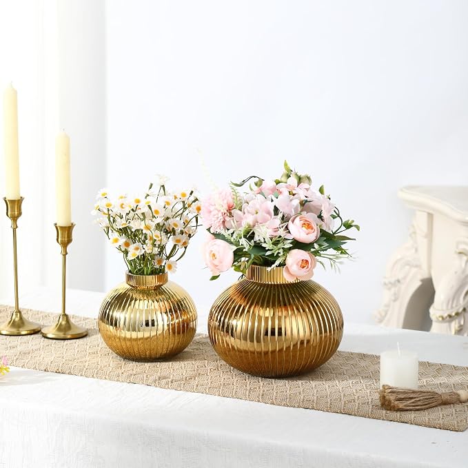 Gold Glass Vases for Tulips, Set of 2, Flower Vases for Bouquet, Ribbed Glass Vase for Flowers, Short Vase for Living Room, Office, Coffee Table, Shelf, Wedding