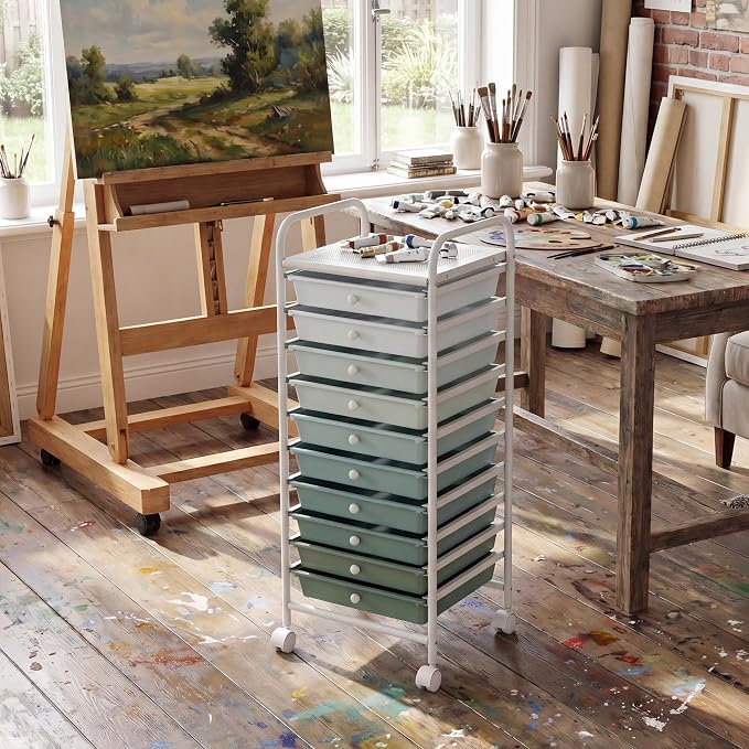 COSTWAY 10-Drawer Rolling Storage Cart, Utility Mobile Trolley with Removable Drawers & Universal Casters & 2 Brakes (Green Gradient,13"L x 15"W x 34"H (10 Drawer))