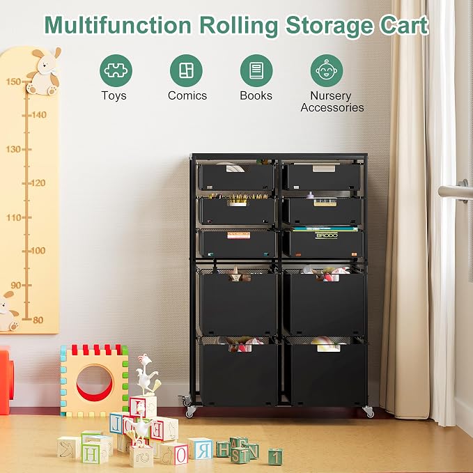 EasyPAG Rolling Storage Cart With 10 Drawers, Metal Craft Organizers And Storage Cart With Wood Tabletop, 30 Lbs Capacity Per Drawer For Home Office Classroom And Dorm, Black