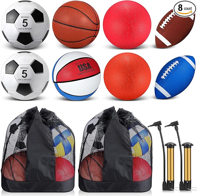 Deekin 8 Pcs Sports Balls Set for Adult Assorted Football Basketball Soccer Playground Balls Official Size with Bags Pumps Outdoor Sports Equipment Athletic Gift