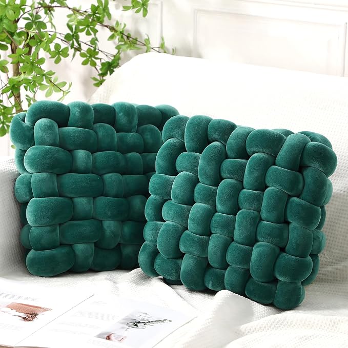 Wenqik 2 Pcs Knot Pillows Square Knotted Plush Throws Soft Accent Pillows Decoration Cushion for Couch Home Office Living Room Bedroom Bed Sofa Decor, 12'' x 13''(Dark Green,Crystal Velvet)