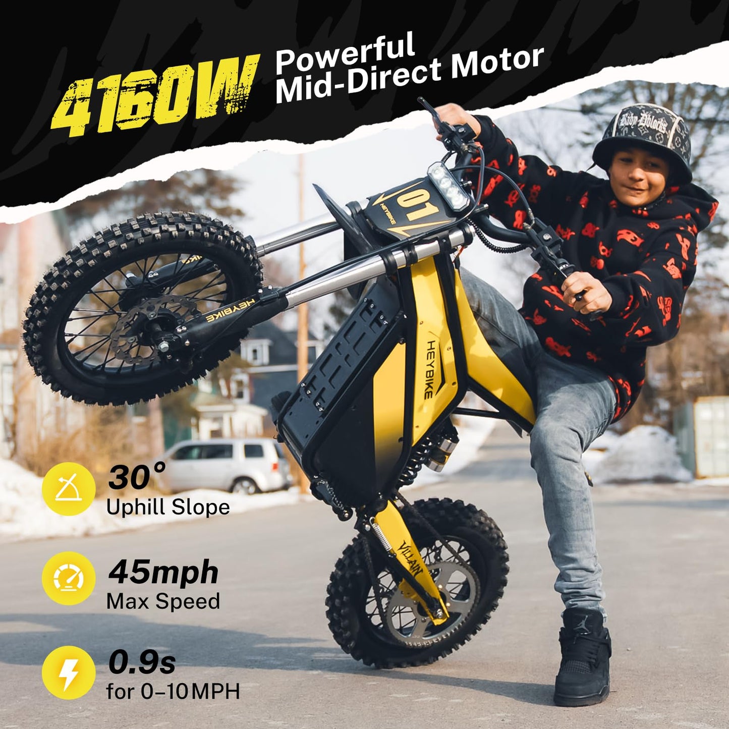 Heybike Villain Electric Dirt Bike with 4160W Motor, 52V 26AH E Dirt Bike, 14/12" Fat Tire Dirtbike with Hydraulic Brakes, Up to 45 MPH & 50 Miles Moped Style Ebike（Standard; Sunflower Yellow）