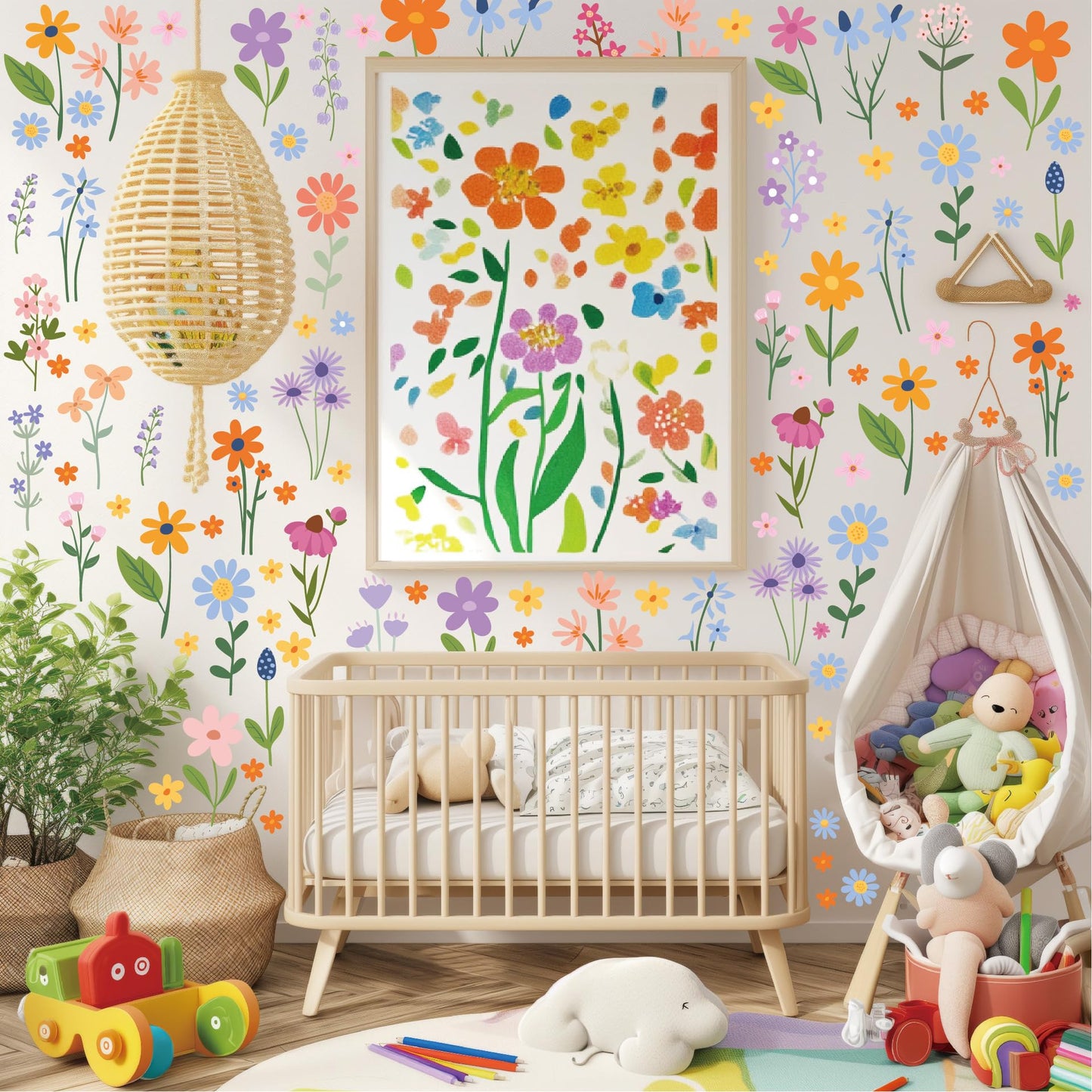 Flower Wall Decals - 8 Sheets 102 Pcs Spring Themed Wildflower Wall Stickers Peel and Stick Fairy Floral Wall Decor for Girls Bedroom Living Room Nursery Home