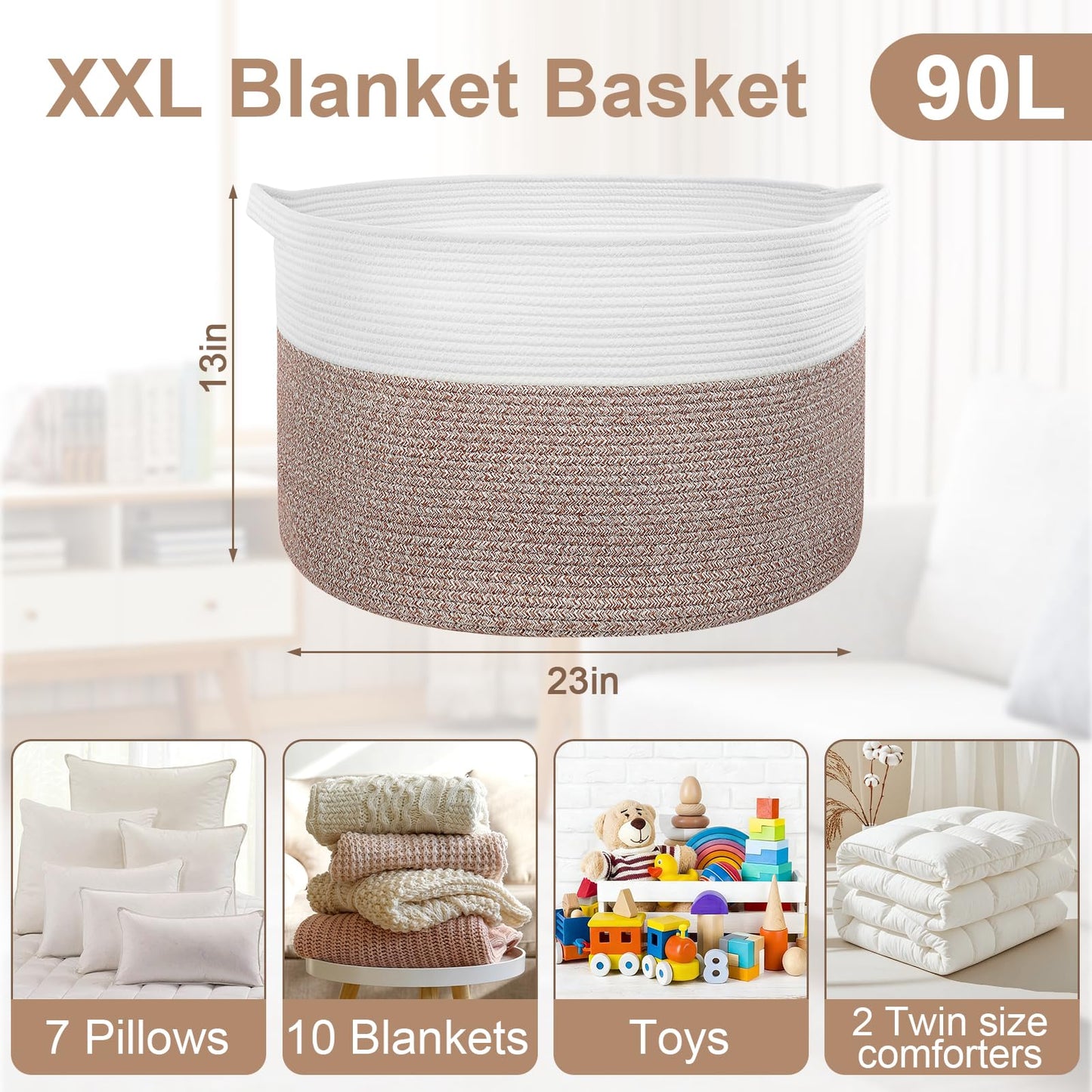 90L Extra Large Blanket Basket for Living Room - Cotton Rope Laundry Hamper Woven Baskets XXL Storage Bin with Handles for Dirty Clothes, Kids, Pets, Toys, Bedroom, 23'' x 23'' x 13'', White & Brown