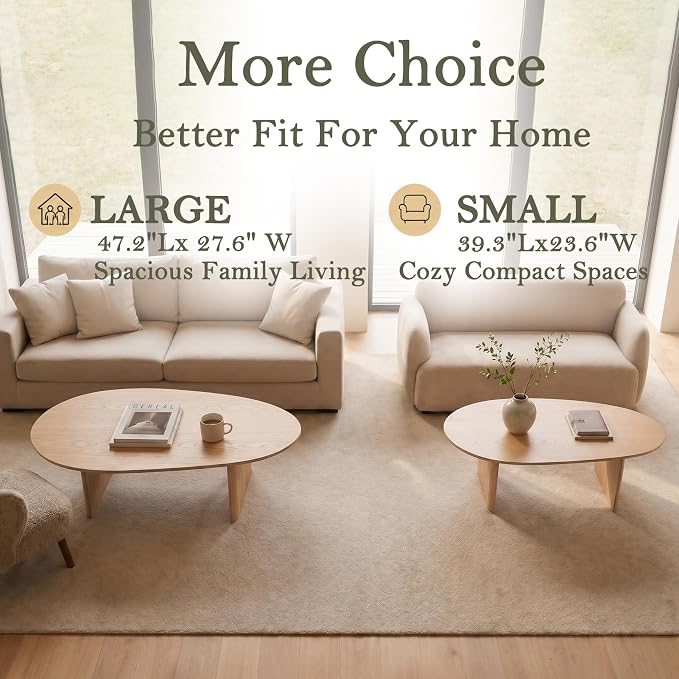 Honyee Oval Coffee Table, 47.2" Wood Coffee Table for Living Room, Modern Wooden Center Table with Solid Wood Veneer Legs, Sturdy Rounded Edge Design, Easy Assembly, Apartment Friendly, Natural