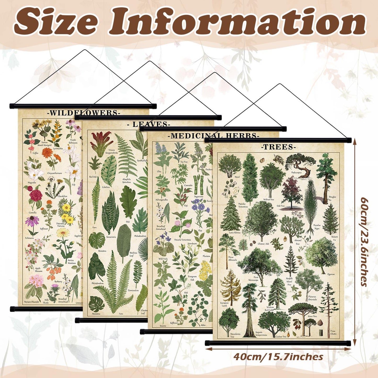 Lewtemi 4 Pcs Vintage Poster Nature Botanical Wall Art Wildflowers Leaves Medicinal Herbs Trees Wall Hanging Poster Prints Plants Chart Poster for Classroom, 15.35 x 23.62 Inch(Retro, Green Plants)