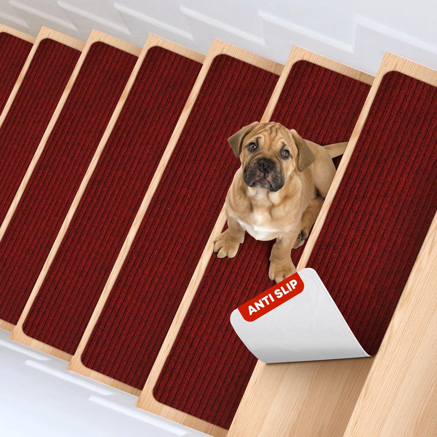 MBIGM 8" X 30" (15 in Pack) Non-Slip Carpet Stair Treads Non-Skid Safety Rug Slip Resistant Indoor Runner for Kids Elders & Pets w/Reusable Adhesive Red Anti-Slip Stair Strips - Washable Stair Treads