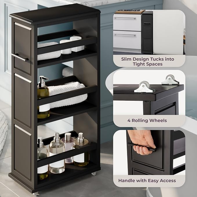 Lavish Home 3-Tier Slim Rolling Storage Cart - 16.7” x 9” Narrow Rolling Cart with Handle and Wheels for Bathroom, Laundry Room, and Kitchen Organization - Pull-Out Home Organizers (Black)