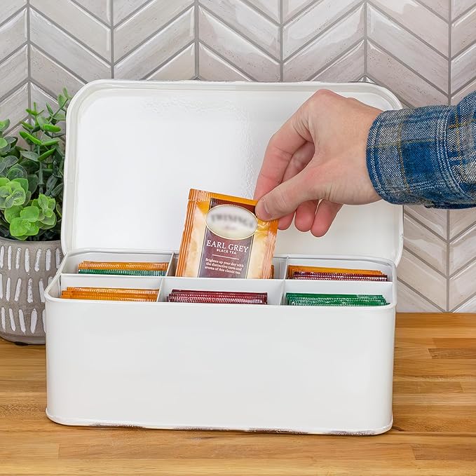 AuldHome Design Farmhouse Tea Bag Box (White), Vintage Retro Style Enamelware Tea Storage Tin