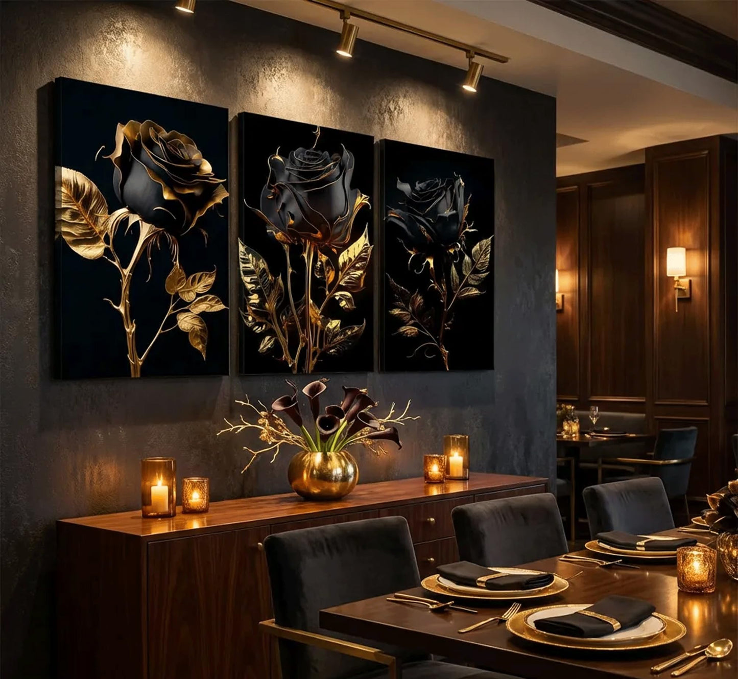 3Pcs Black And Gold Rose Canvas Wall Art Modern Luxury Flowers Pictures Wall Decor Abstract Elegant Rose Dark Posters Prints for Living Room Bedroom Office Bathroom Ready To Hang