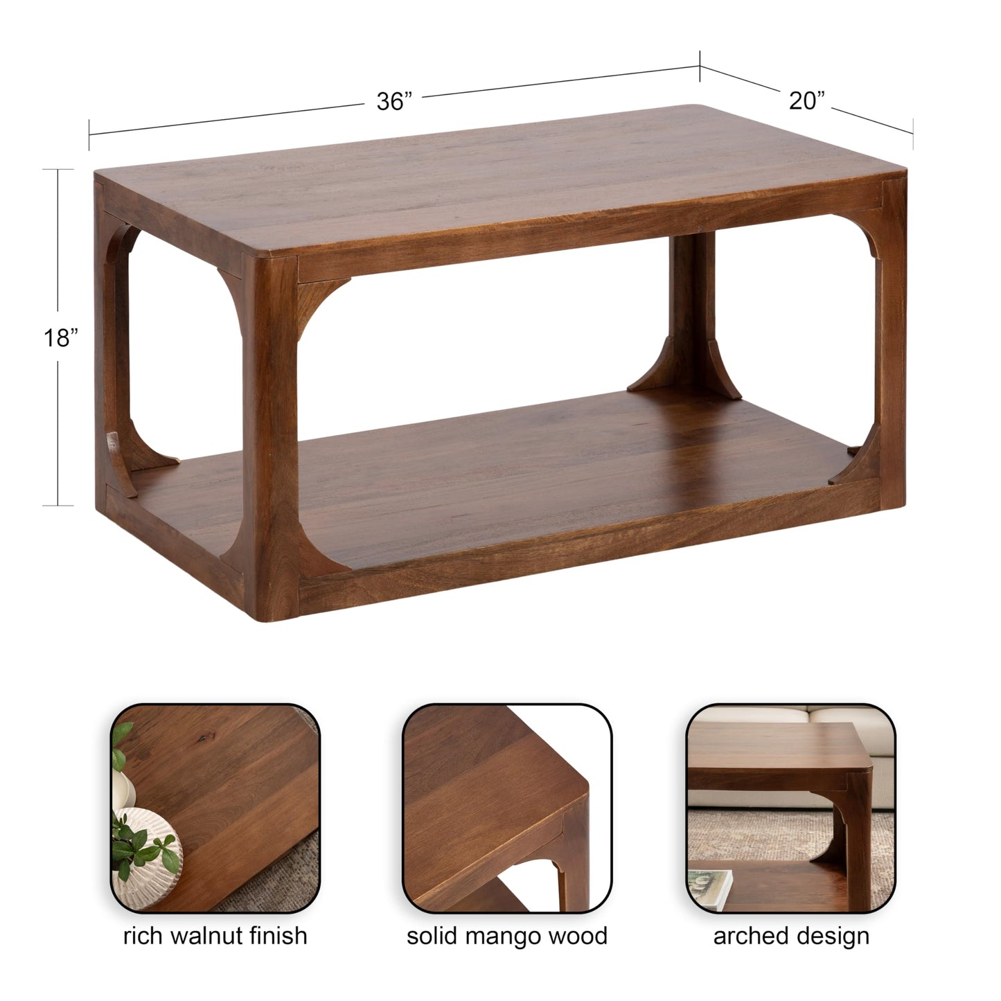 Kate and Laurel Dahl Transitional Rectangular Coffee Table; 36 x 20 x 18; Walnut Brown; Modern Rectangle Living Room Table with Solid Mango Wood Construction and Extra Underlying Storage
