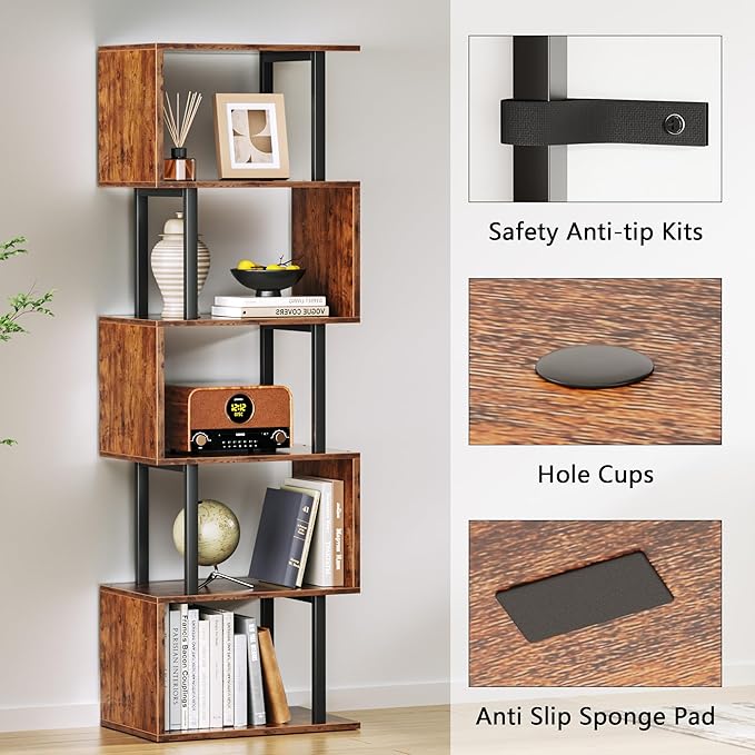 Furologee 6 Tier Bookshelf, Tall S Shaped Geometric Bookcase, Modern Display Shelf Standing Unit, Wood Metal Decorative Divider Rack for Living Room Bedroom Office, Rustic Brown