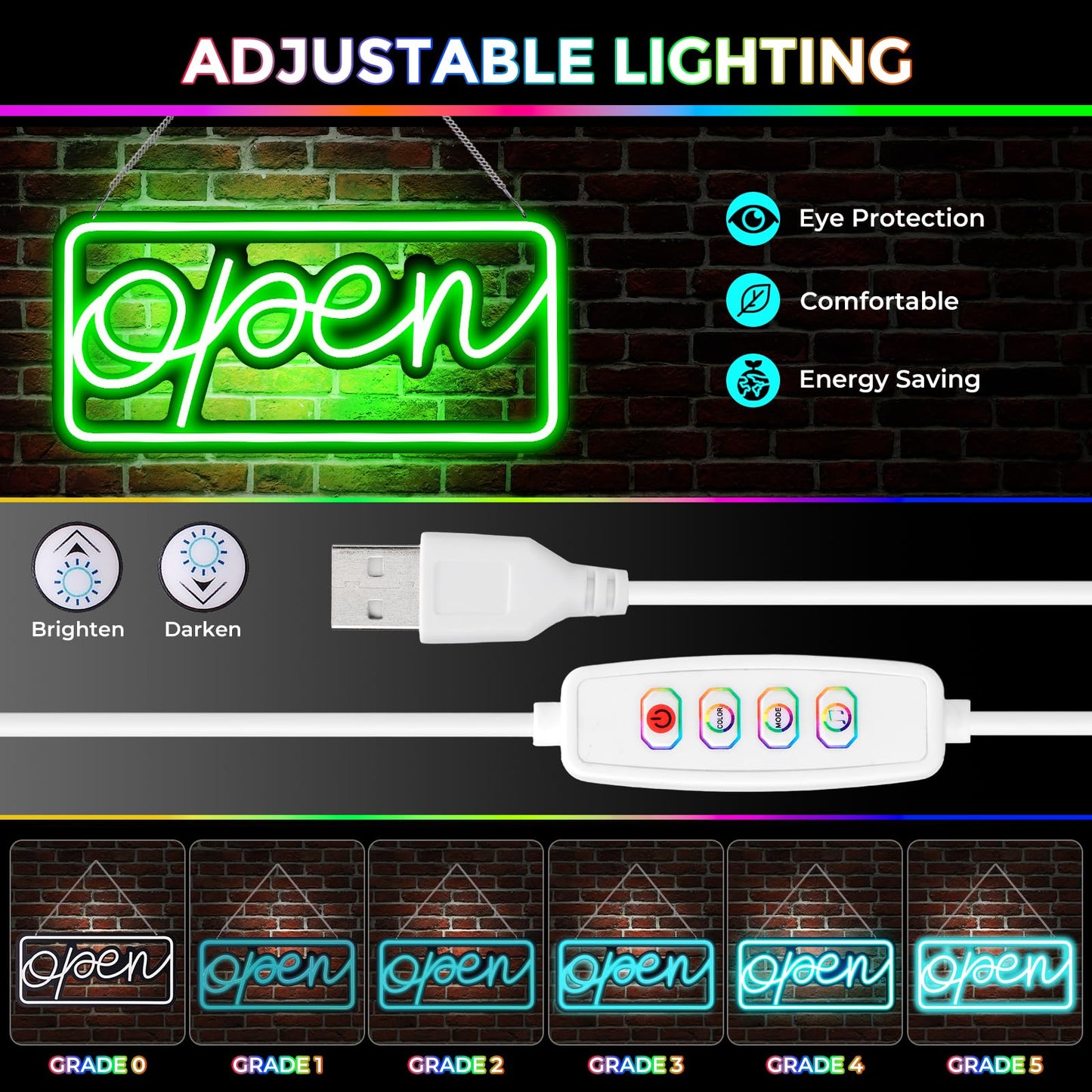 Led Open Signs for Business,Colorful and High Brightness LED And Remote Control, Open sign Applicable to Walls Window Bar Shop Hotel, Coffee Salons, etc. (5V USB Power Supply/16.2 * 7.7 inches)