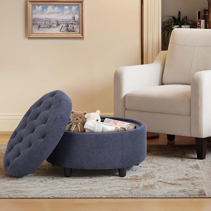 COLAMY Fabric Round Storage Ottoman with Reversible Tray Lid – Multi-Functional Footrest, Hidden Storage, Sturdy & Stylish Small Coffee Table for Living Room, Bedroom, or Entryway(Blue)