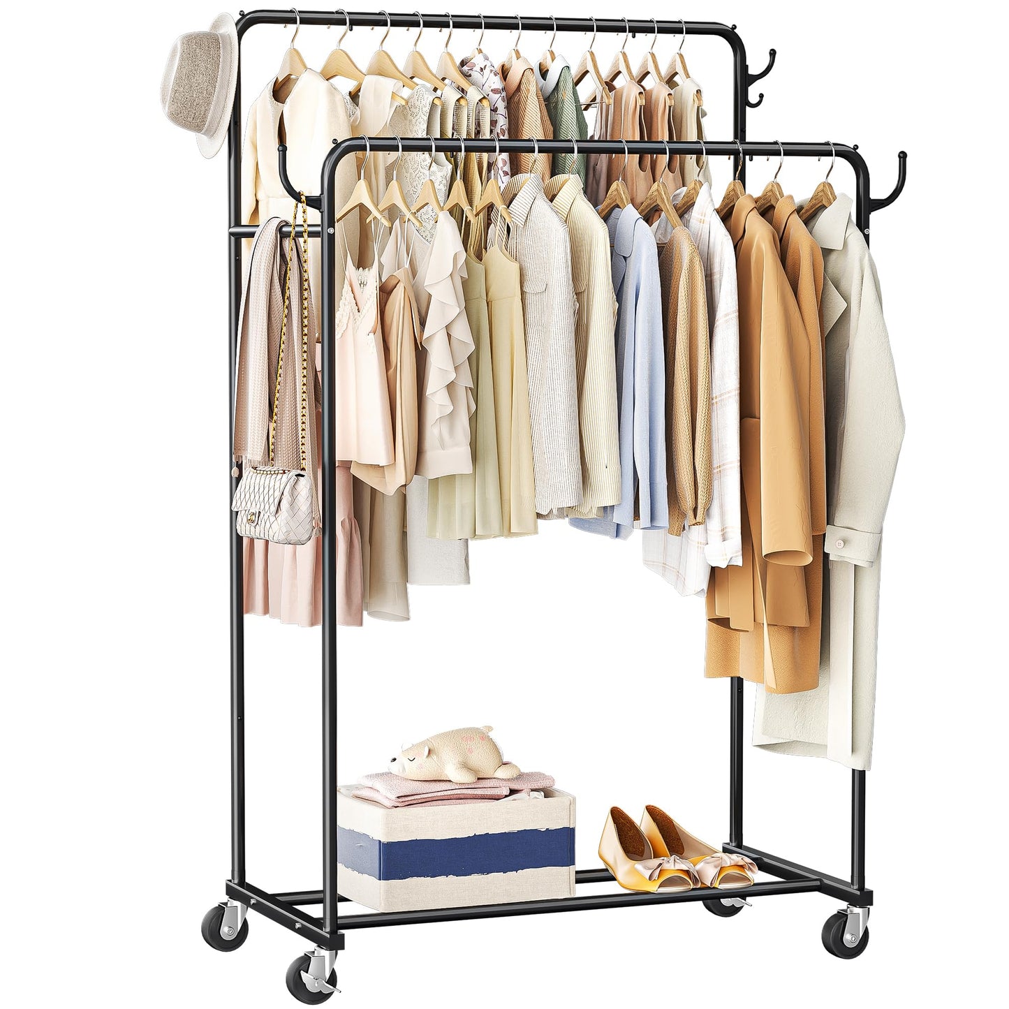 HogHow Clothes Rack, Rolling Clothing Rack with Double Rods for Hanging Clothes, Portable Garment Rack with Wheels, Metal Wardrobe Closet Organizer for Bedroom and Laundry Room