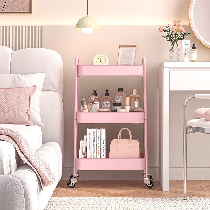 TOOLF 3-Tier Rolling Cart - Metal Utility Storage Organizer with Lockable Wheels, 33 lbs Per Shelf, Tool-Free 5-Min Assembly, for Kitchen Bathroom Office Nursery Craft Room, Pink