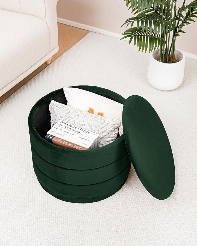 B FSOBEIIALEO Round Velvet Storage Ottoman with Tray, Folding Ottoman with Storage Coffee Table Foot Rest for Dorm Room, Living Room Bottle Green, 22.83"x22.83"x17.32"
