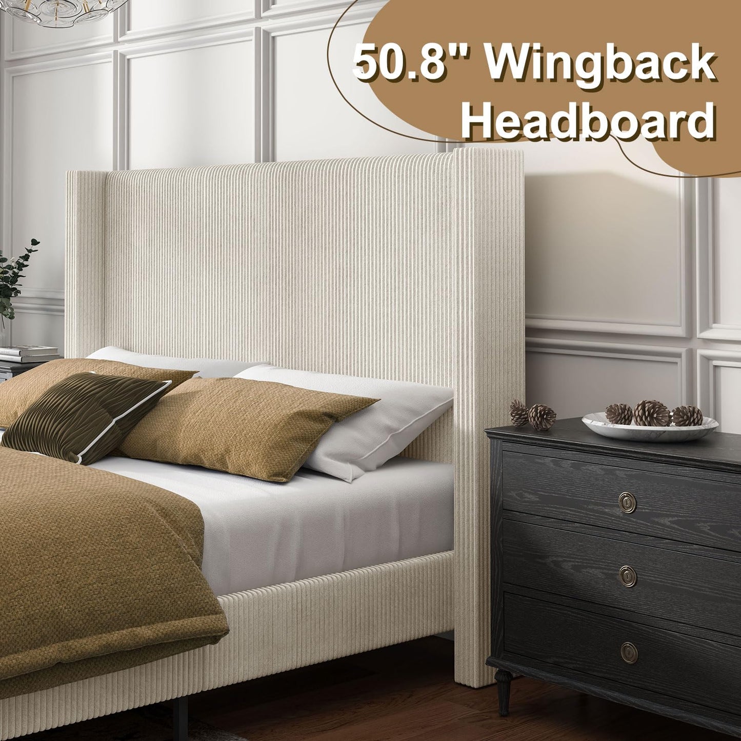 HOWE California King Bed Frame with 50.8" Tall Wingback Headboard, Modern Corduroy Upholstered Platform Bed Frame with Solid Wood Slats & Legs, No Box Spring Needed, Noise-Reducing Design, Cream
