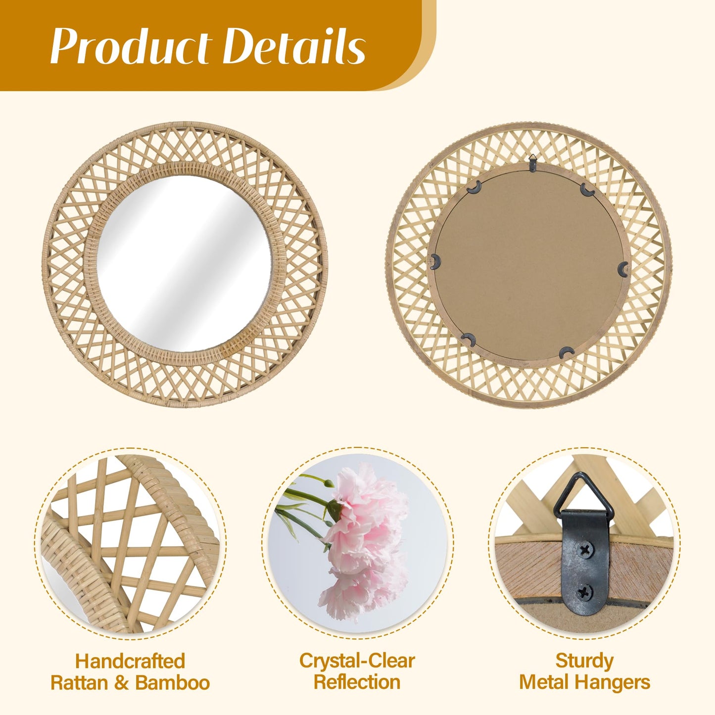 Synovana Round Rattan Wall Mirror – 24x24 Inch Boho Elegance with Woven Frame, Decorative Mirror for Bathroom Vanity Entryway Living Room