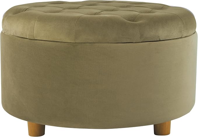 Homepop Home Decor | Button Tufted Velvet Round Storage Ottoman | Ottoman with Storage for Living Room & Bedroom, Light Sage Green Velvet
