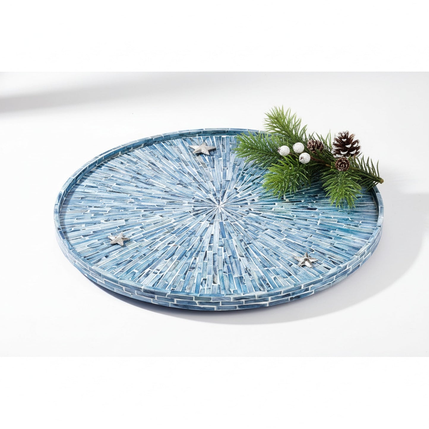 PEMAR 22" Round Mother of Pearl Extra Large Ottoman Tray with Raised Edge, Oversized Decorative Luxury Wooden Serving Tray for Food, Coffee Table, Breakfast in Bed (Blue Sunlight)