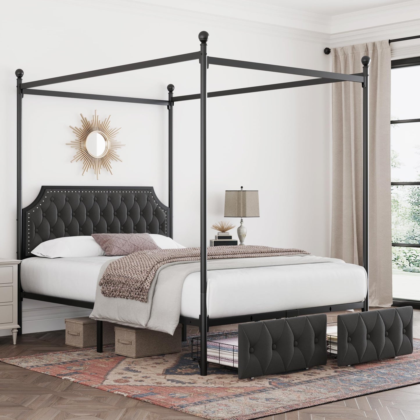 Keyluv Queen Upholstered Canopy Bed Frame with 2 Storage Drawers & Button Tufted Headboard, Metal Platform Bed with 4 Removable Posts, Two-Purpose Velvet Bed, Dark Grey/Curtain Not Included