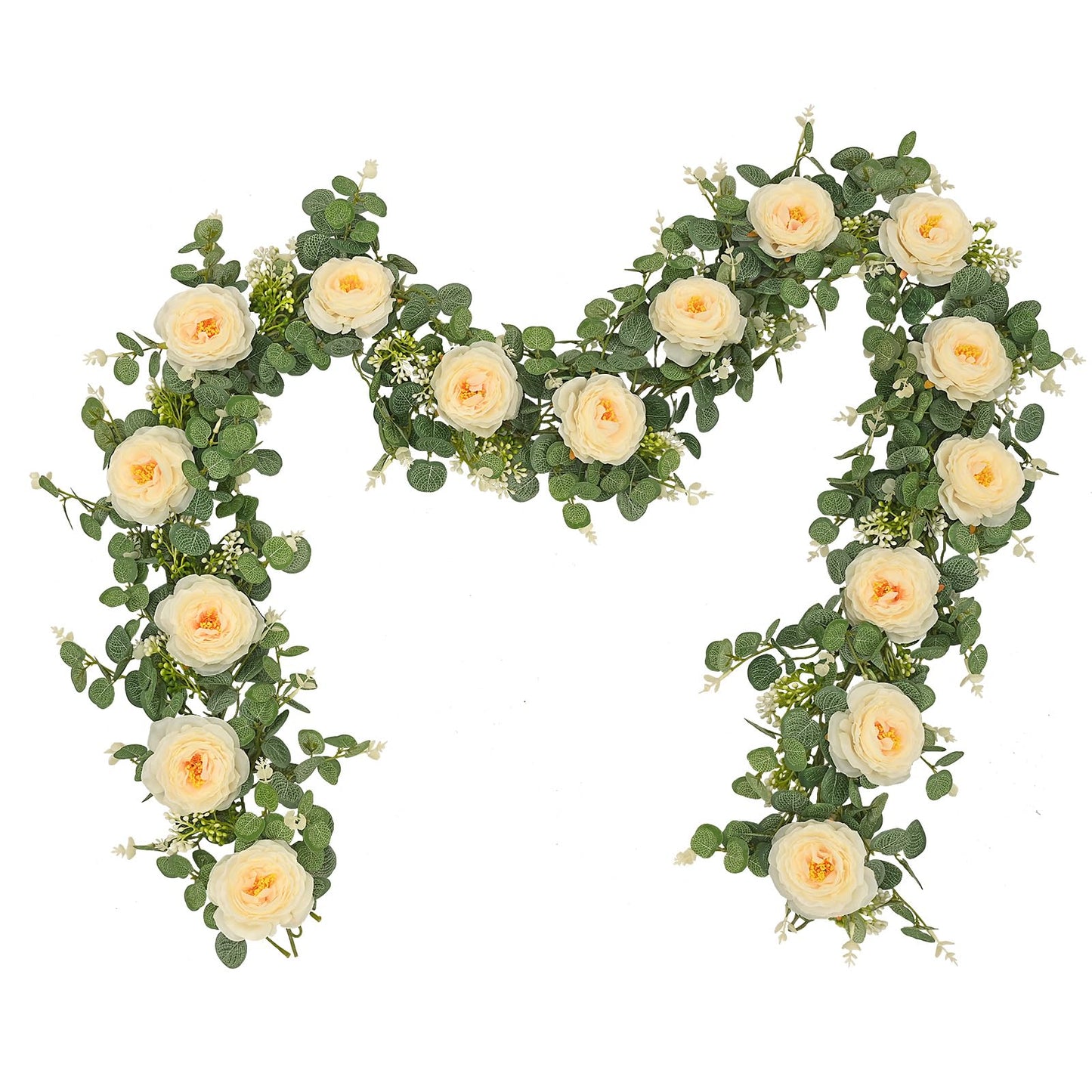 Dolicer 2Pcs 13Ft Artificial Eucalyptus Garlands with Flowers, Faux Floral Greenery Garlands Fake Flowers Vines for Wedding Centerpieces Arch Party Ceremony Backdrop Decor (Champagne)