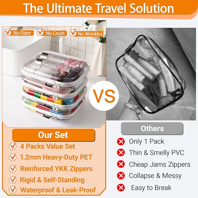 YQBRAO 4-Pack Clear Diaper Bag Organizer Pouches, 1.2mm Ultra-Thick PET Travel Pouches for Toiletries & Makeup, Rigid Self-Standing Bags with YKK Zippers, TSA Approved