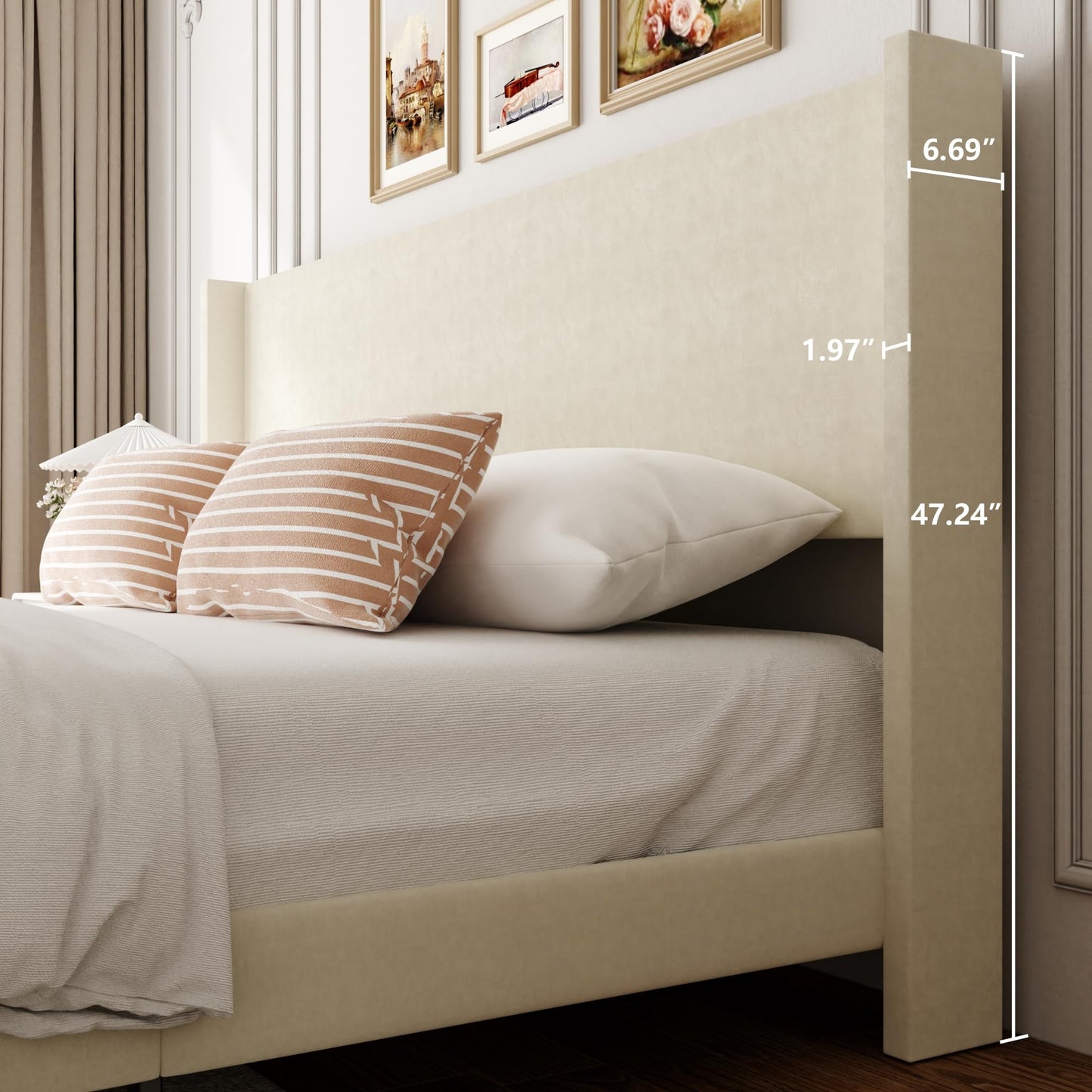 Sismplly Queen Bed Frame with Wingback Headboard, Velvet Upholstered Platform Bed with Wooden Slats, 6.46“ Under Bed Storage, Metal Support, Noise Free, No Box Spring Needed, Beige