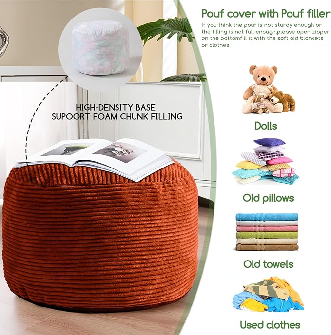 HIGOGOGO Round Stuffed Pouf Ottoman, Corduroy Poufs with Foam Chunk Filling, Furry and Fluffy Pouf Foot Stool Storage Ottoman, 26 X 18 Floor Poufs Foot Rest for Living Room, Terra Cotta
