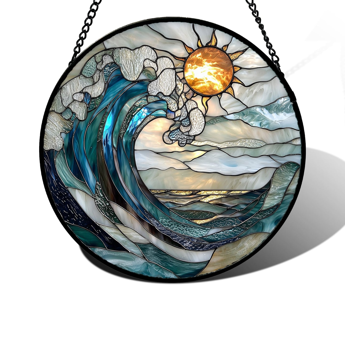 DASTOLL Stained Glass Window Hanging, Blue and White Waves Suncatcher Diamond Glass Panel Landscape Sun Catchers Decor for Birthday for Women, Men, Wife, Aunt, and Mom 7.8 in
