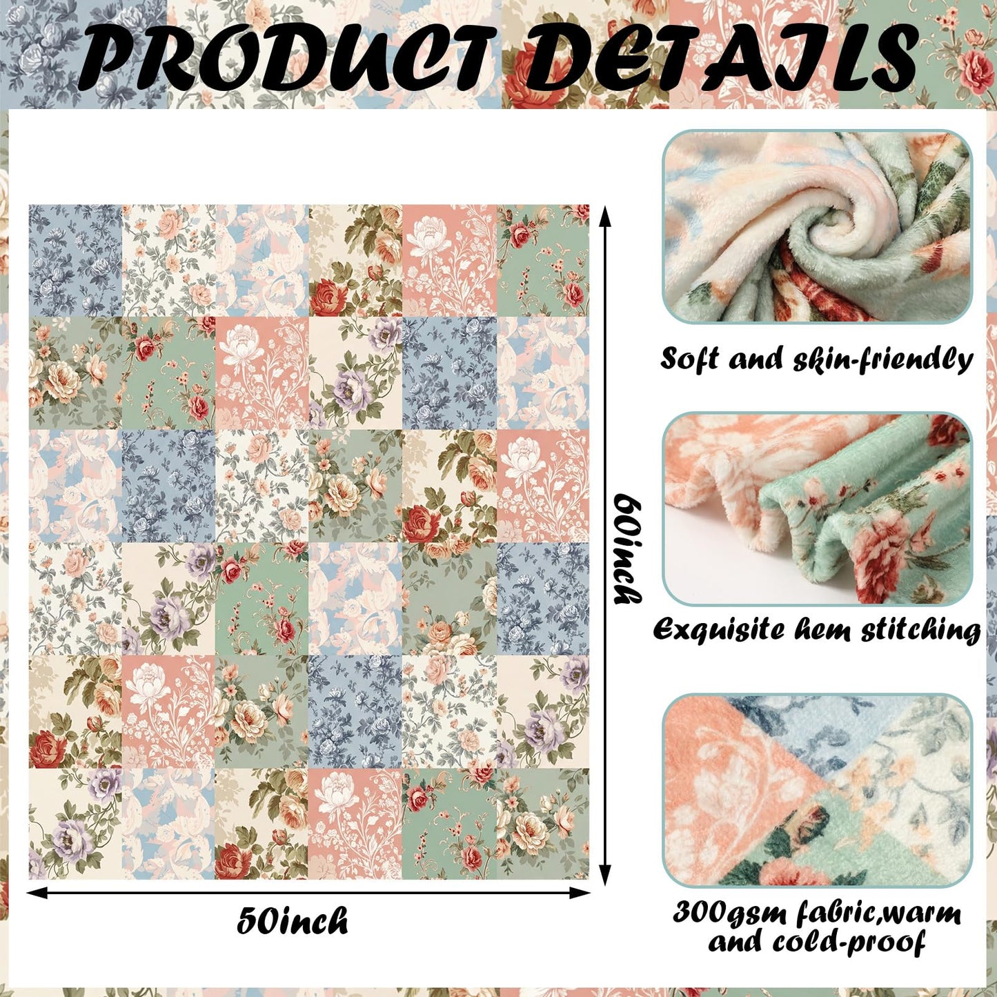 Hahafelt Boho Pastel Floral Throw Blanket Ultra Soft Fleece Patchwork Blanket for Couch and Bed Holiday Theme Cozy Throw Decoration Warm Gift for Spring Summer, 50 x 60 Inches