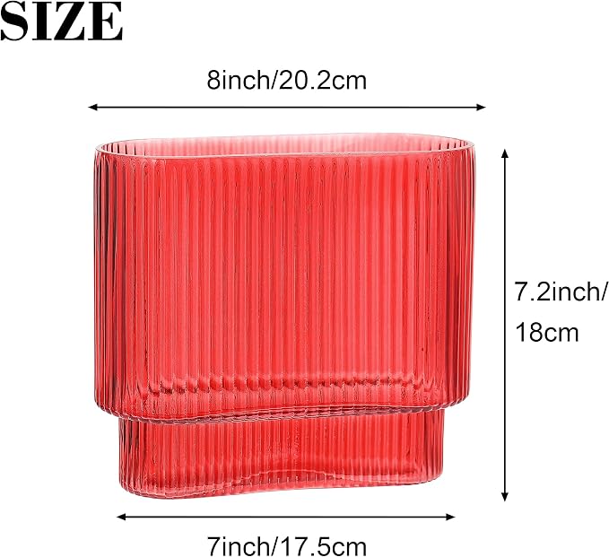 Ribbed Vase, Red Glass Vase for Flowers, Red Flower Vases for Tulips, Modern Vases for Living Room, Dining Table, Office, Bedroom, Mantle, Shelf, Wedding, 7 Inch