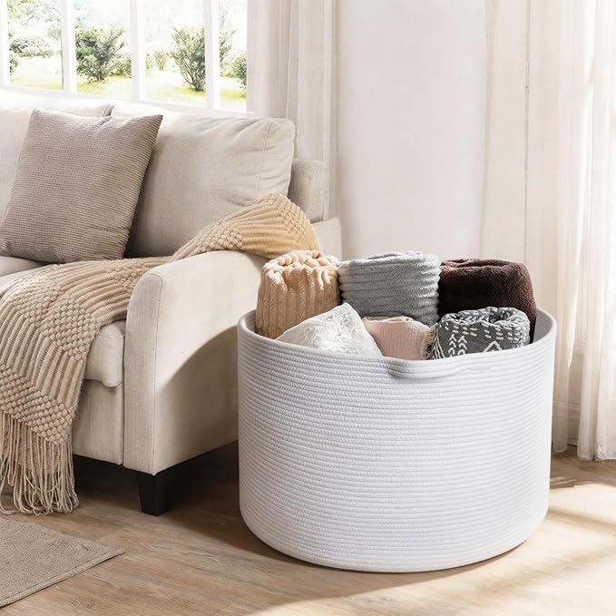 MEGASKET White Cotton Rope Storage Basket, 22" X 22" X 14" Extra Large Blanket Storage Living Room, XL Soft Toy Bin for Organizing, Woven Baby Laundry Basket with Handle, White Wicker Hamper Nursery