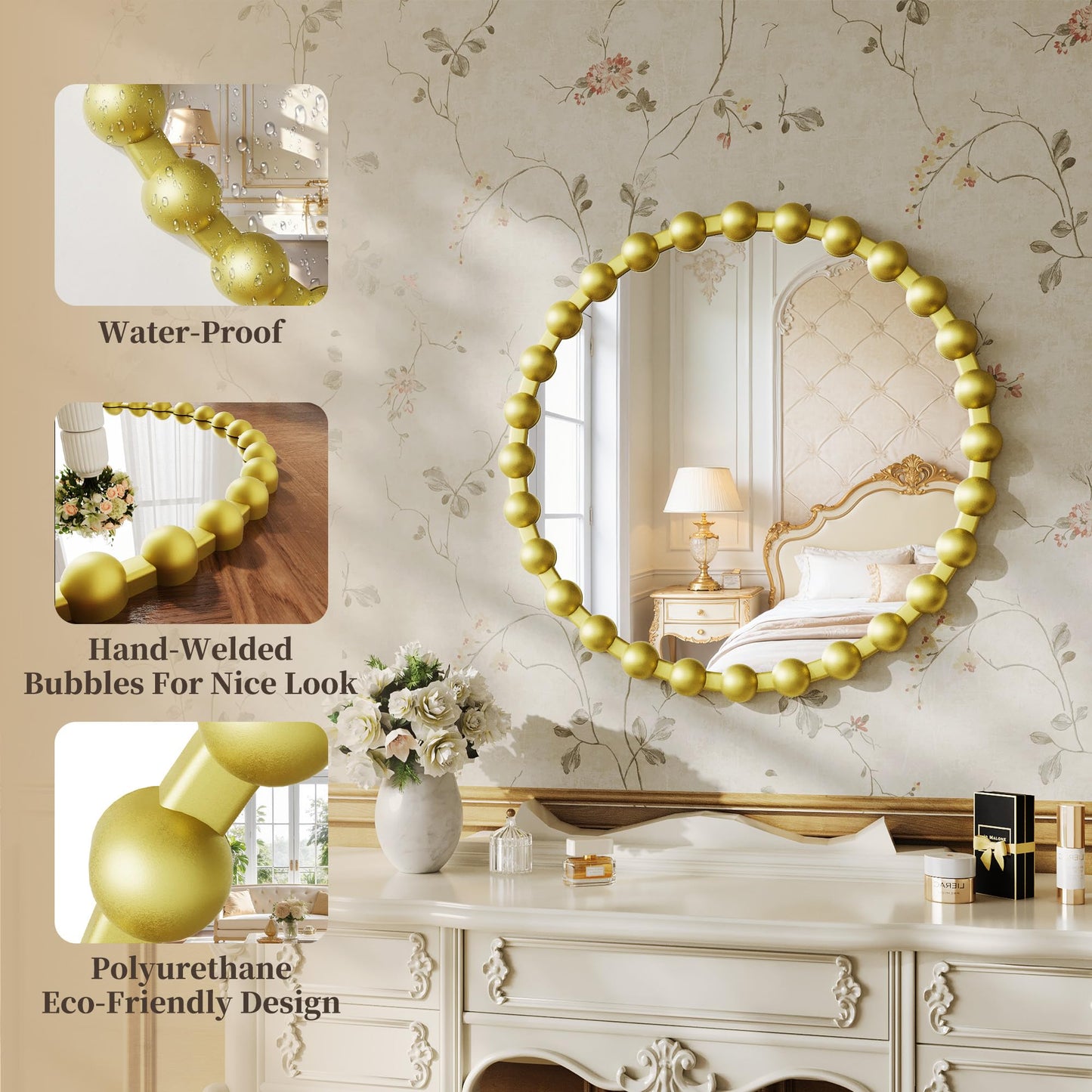 WISSMIELS Round Vanity Mirror for Wall, 28 Inch Beaded Frame Circle Mirror for Bedroom Dresser, Bathroom, Entryway, Living Room, Decorative Hanging Wall Mirror, Gold