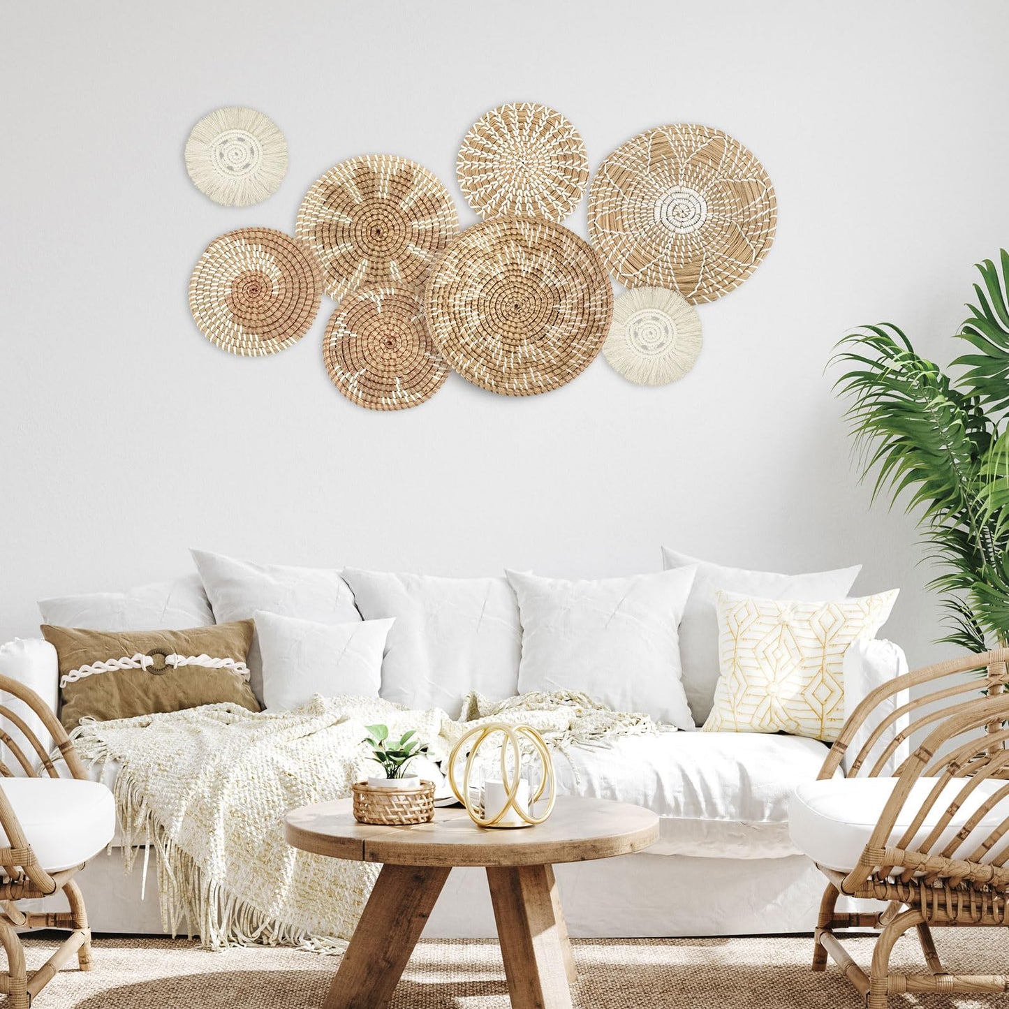 Xuhal 8 Pcs Boho Wall Basket Decor Decorative Bulrush Woven Basket Wall Decor Rustic Farmhouse Hanging Baskets for Kitchen Rustic Home Summer Decorations(Classic)