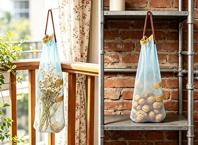 Ahyuan Hanging Mesh Storage Bags 5 Pack Onion Garlic Potatoes Net Mesh Bag Long and Large Reusable Net Produce Bags for Fruit Veggies Garbage Bag for Home RV Camper (Blue)