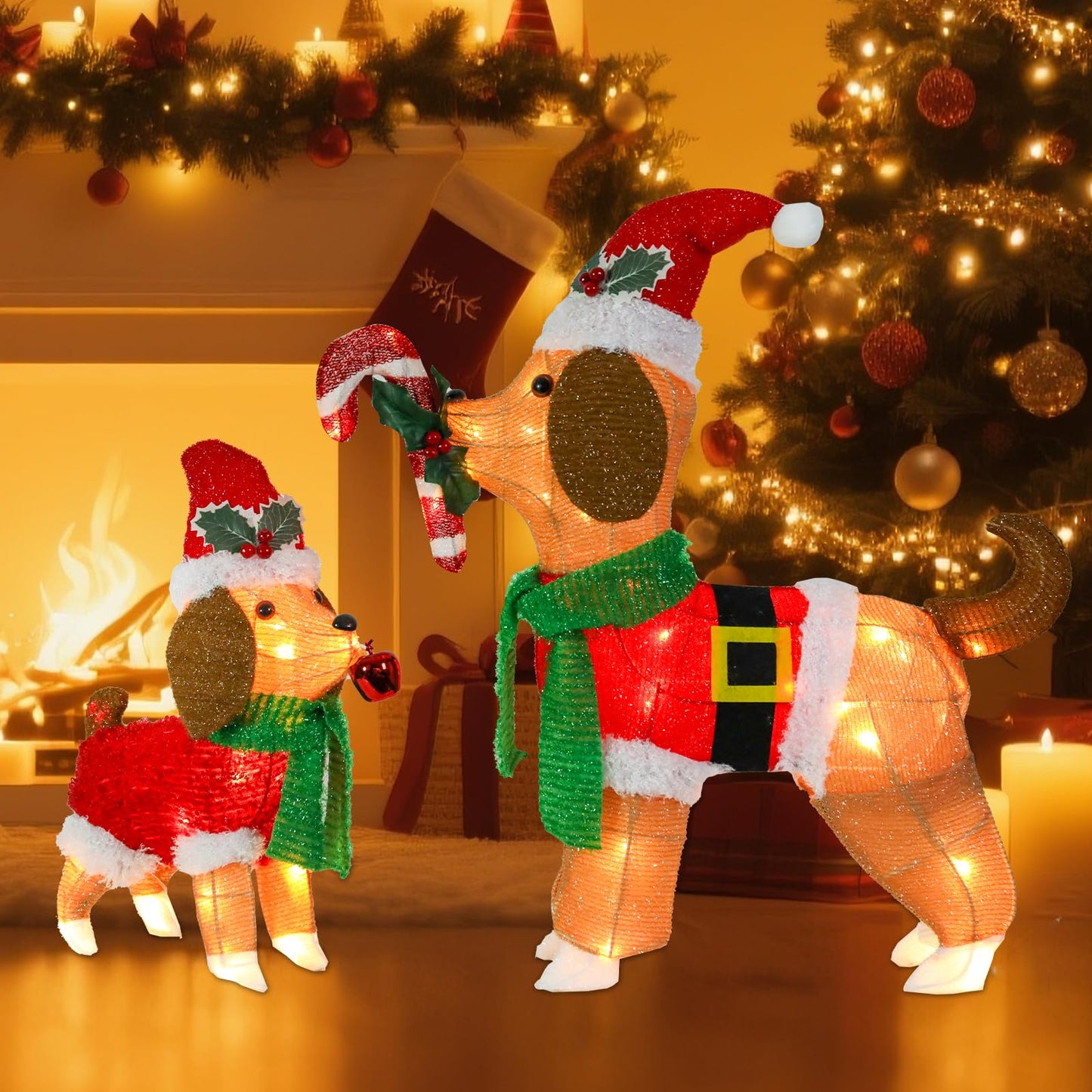 Afirst Christmas Dog Lighted Decorations, 2 Pack Lighted Up Xmas Dog Outdoor Lighted Holiday Displays Gift for Home Garden Party Yard Porch Decor