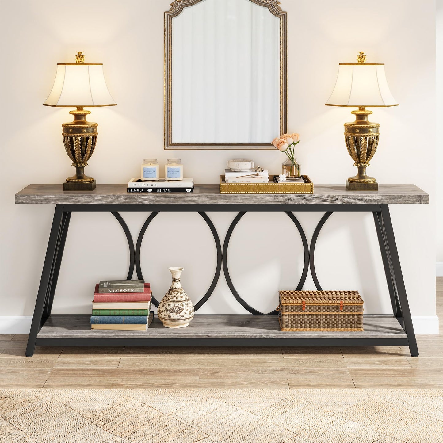 Tribesigns 70.9 inch Extra Long Console Table, Industrial Sofa Table Behind Couch with 2 Tier Storage Shelf, Narrow Entryway Hallway Accent Table for Living Room, Grey