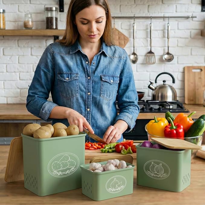 Lifewit Onion and Potato Storage Bin with Aerating Holes and Lid, Stackable Garlic Keeper, Plastic Vegetable Container Box for Kitchen, Green, Set of 3