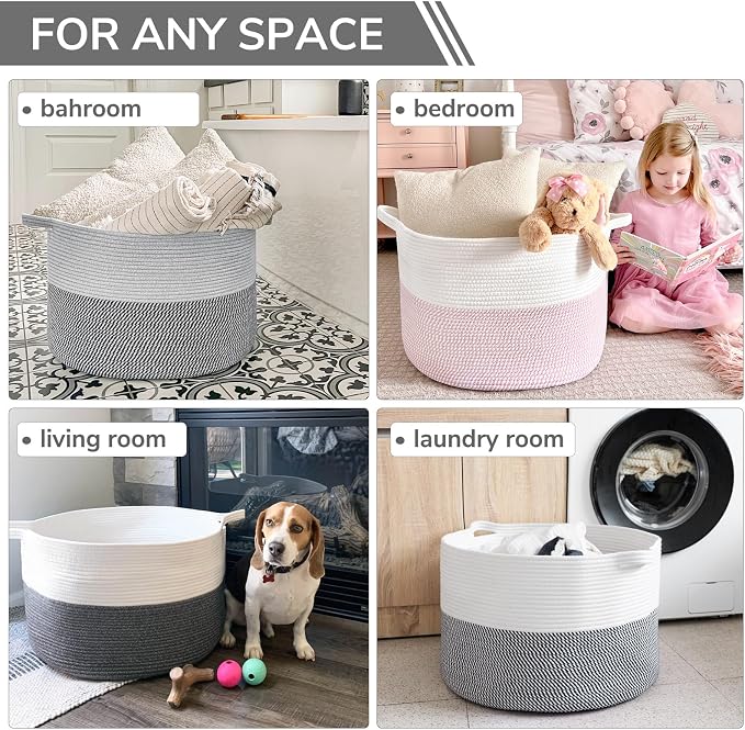INDRESSME Extra Large Laundry Basket, Cotton Rope Blanket Basket for Nursery Living Room, Decorative Woven Storage Basket with Handles for Dirty Clothes, Toy Bin For Dog Toys, 21.7 x 13.8 inches, Grey
