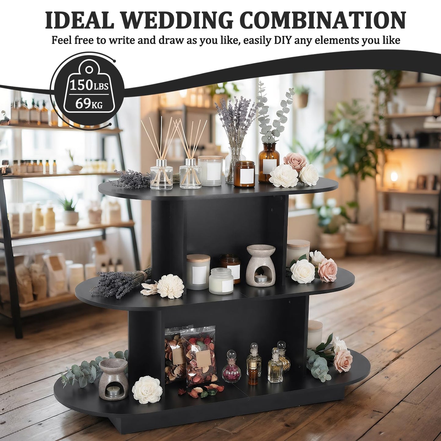 Hubxinly 3 Tier Wooden Oval Display Table Modern Standing Display Riser Shelf Retail Table for Stores Vendor Events 55in W x 23.6in D x 35in H