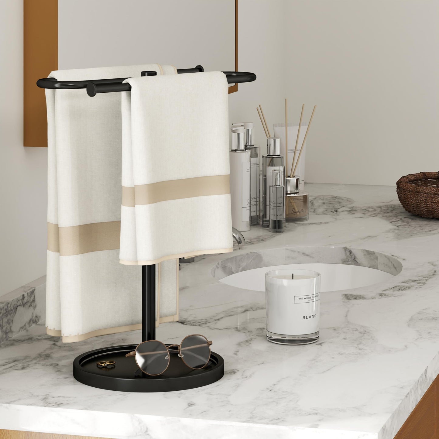 Towel Holder Stand, Stainless Steel Hand Towel Holder Rack for Bathroom Countertop, S-Shape Free Standing Towel Bar Holds 2 Towels for Kitchen Countertop, Black