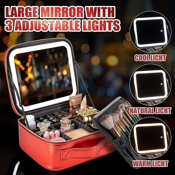 Extrei Gent Makeup Travel Train Case with Mirror LED Light 3 Adjustable Brightness Large Cosmetic Bag Portable Storage Adjustable Partition Waterproof Brushes Make up Jewelry Gift for Women