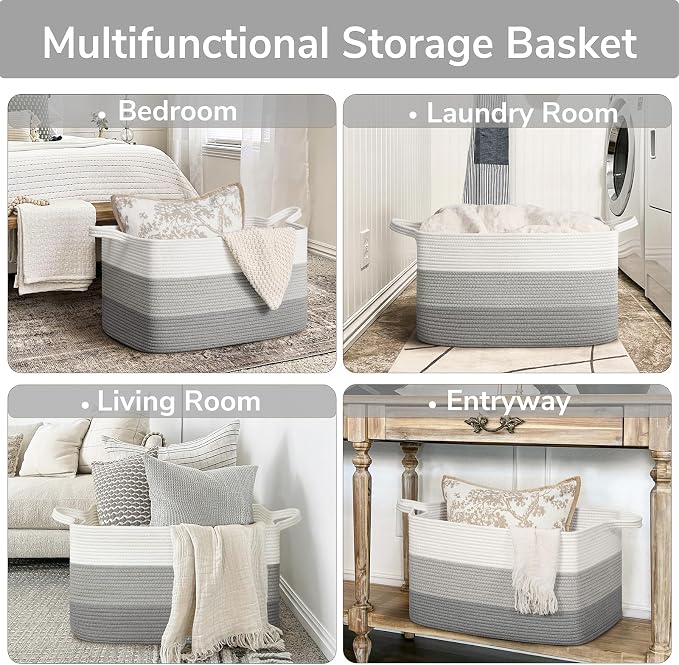 Goodpick Storage Basket, 21.6" x 14.9" x 11.8", Blanket Basket for Living Room, Large Woven Baskets for Storage, Toy Organizer, Rectangle Rope Baskets for Organizing, Gray