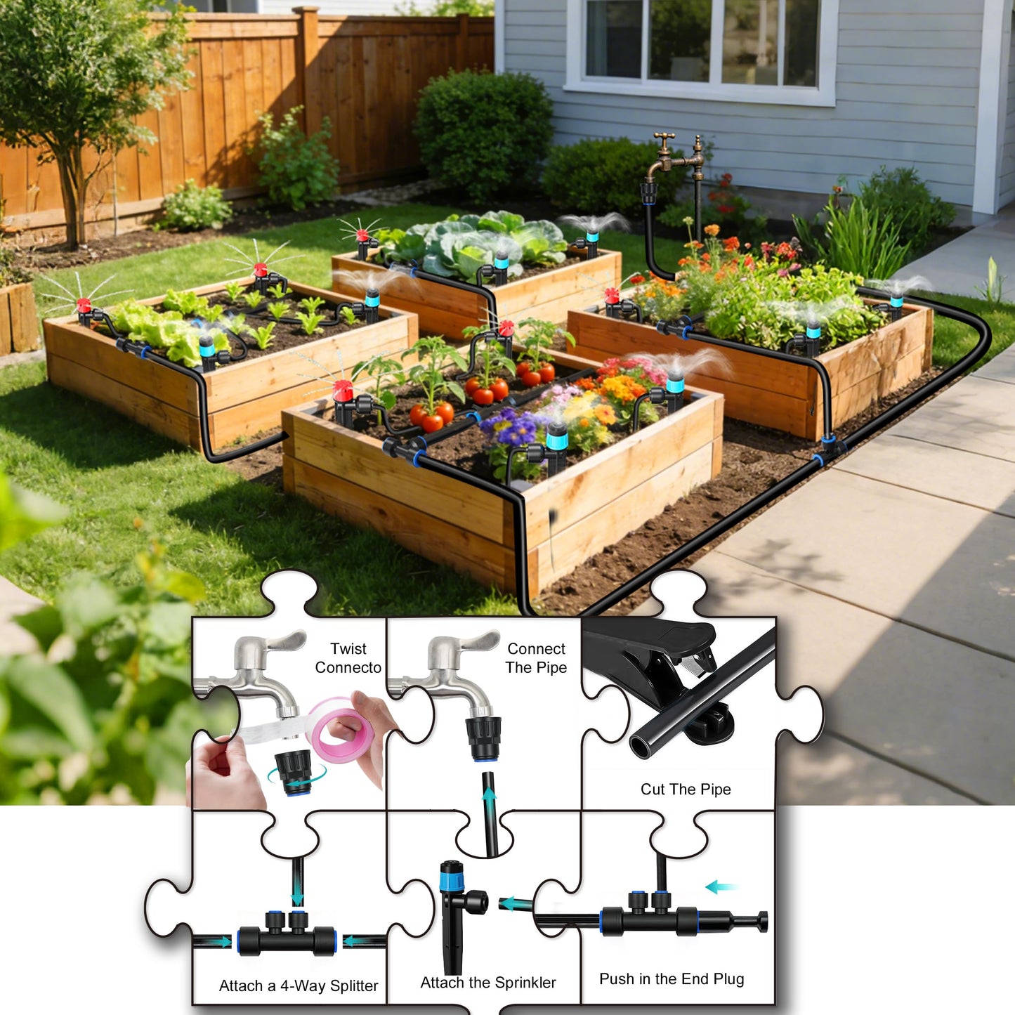 Drip Irrigation Kit for Garden, Automatic Watering System with Quick Connect Fittings, Adjustable Spray Nozzles, Water Saving Irrigation System for Yard, Greenhouse, Lawn & Potted Plants (140FT)