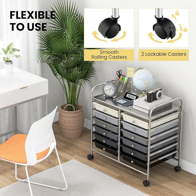Giantex 12 Drawers Rolling Cart, Mobile Storage Drawer Cart, Classroom Organizer Cart for Office School Supplies Tools Scrapbook Paper Craft Small Printer, Utility Cart on Wheels, Black Gradient